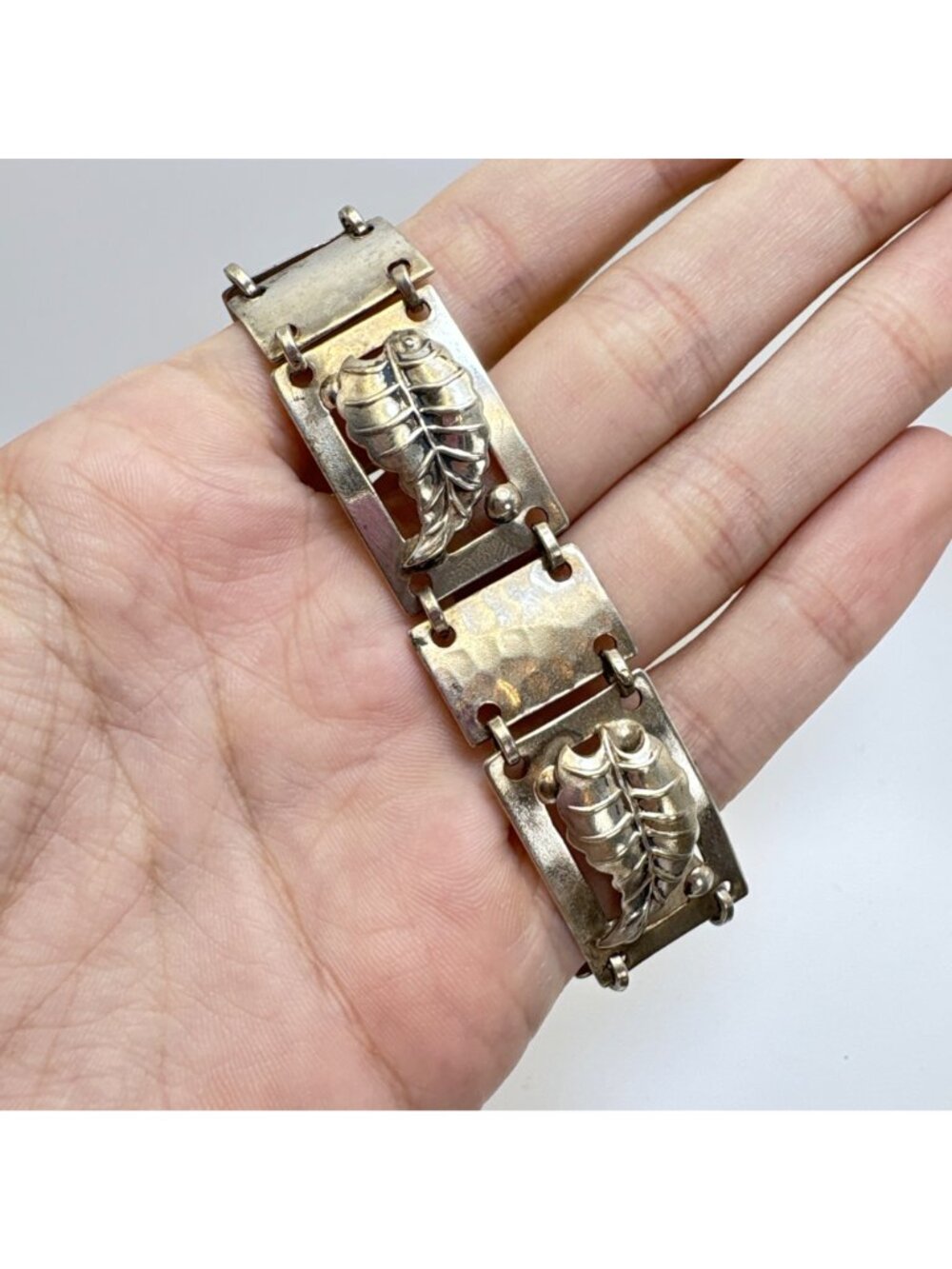 Leaf Design Large Link Bracelet Sterling Silver 925 Size 7.25" Length - Picture 5 of 10